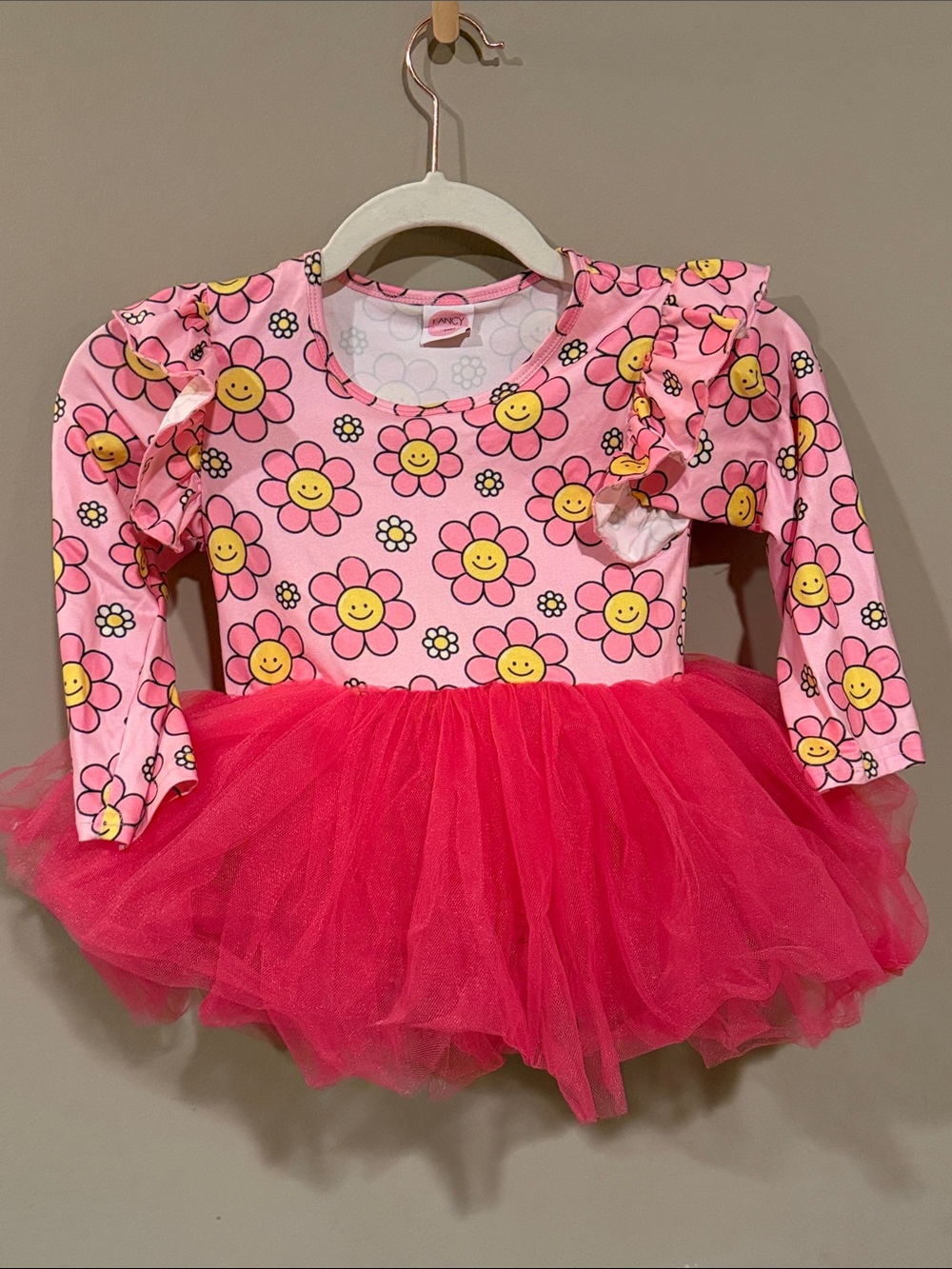 Girls Pink Floral Smiley Face Tutu Dress